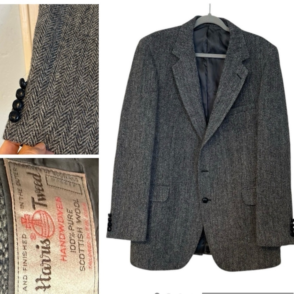 Vtg Harris Tweed Blazer Navy Herringbone Heritage Fisherman Size Tag Missing